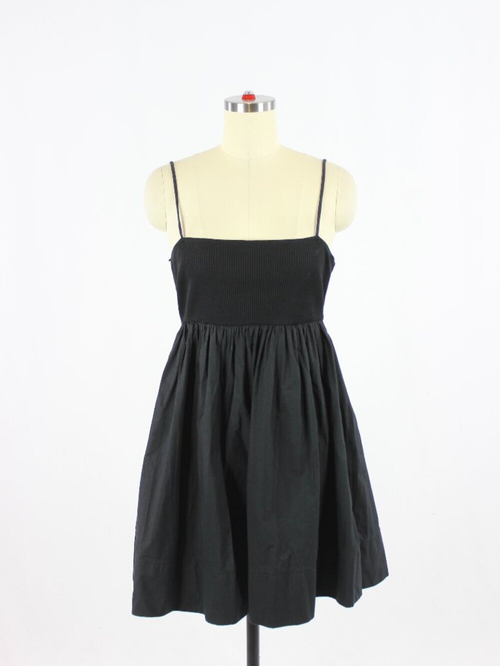 ZARA Black Ribbed Cotton Square Neck Empire Waist Poplin Babydoll Dress, Size M